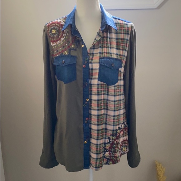 Desigual Tops - Desigual Embroidered Plaid & Denim Button Up Shirt